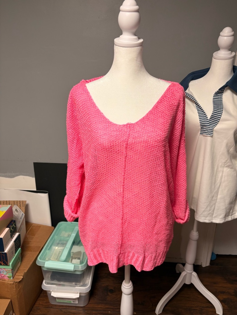 LA MIEL Bright Pink Off-the-Shoulder V-Neck Sweater
